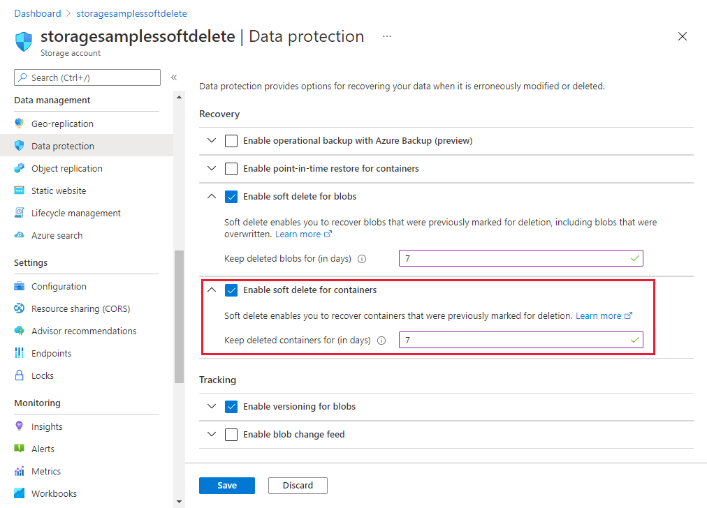 Snímek obrazovky znázorňující povolení obnovitelného odstranění kontejneru na webu Azure Portal