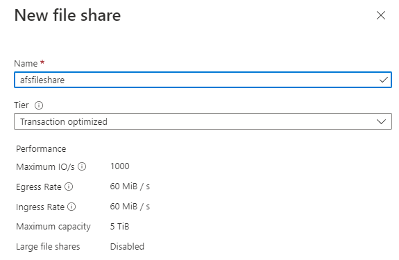 Snímek obrazovky znázorňující, jak vytvořit novou sdílenou složku pomocí webu Azure Portal