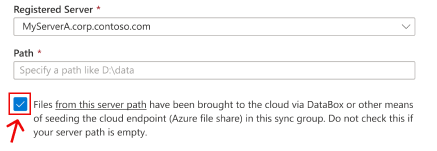 Zobrazí se část webu Azure Portal v průvodci vytvořením koncového bodu serveru. Zaškrtávací políčko je zvýrazněné, které odpovídá scénáři nasazení sdílené složky Azure s daty. Toto políčko zaškrtněte, pokud před tím připojíte AFS ke stejnému místnímu umístění, ze kterého jste zkopírovali do Data Boxu.