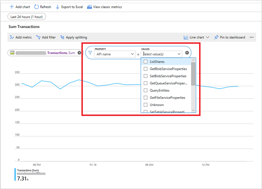 Snímek obrazovky s přístupem k metrikám s dimenzí na webu Azure Portal