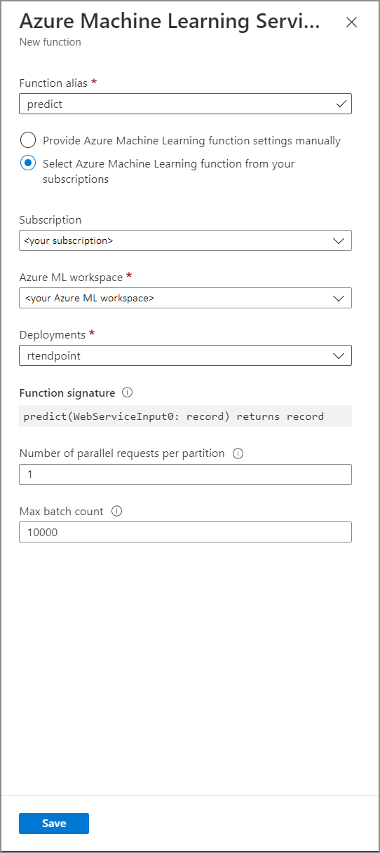 Konfigurace UDF služby Azure Machine Learning