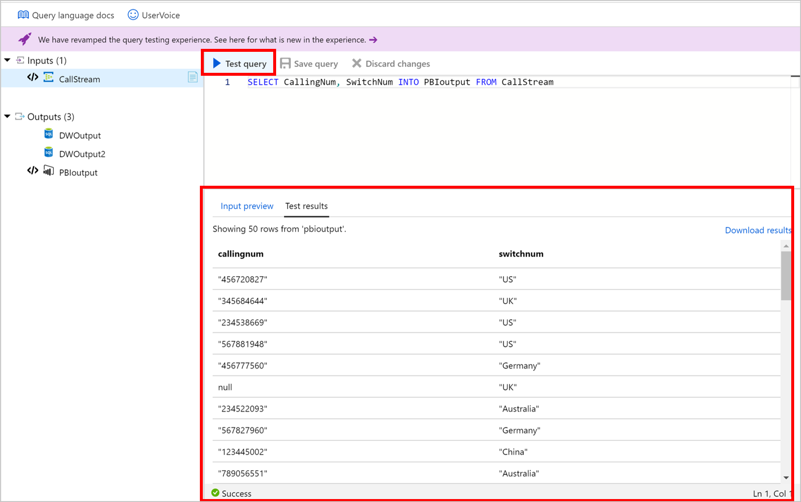 Výsledky ukázkových testovacích dotazů Azure Stream Analytics