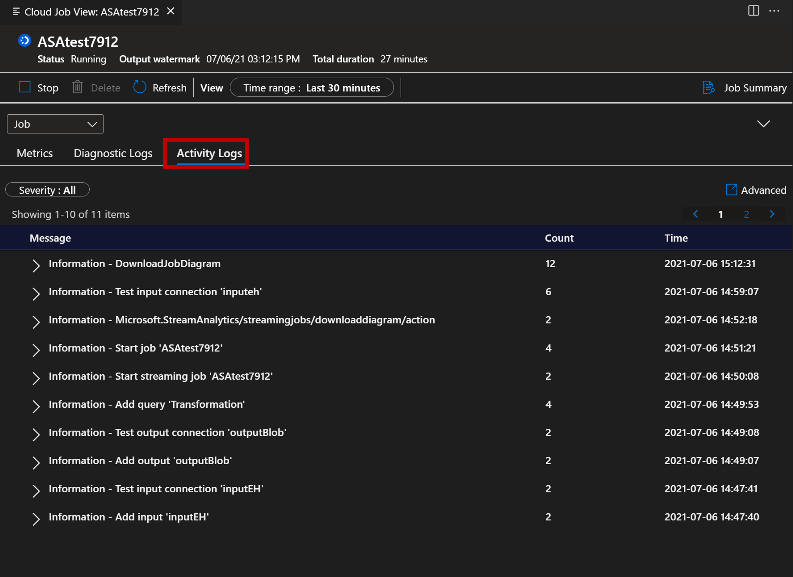 Snímek obrazovky s rozšířením VSCode, které zobrazuje protokoly aktivit