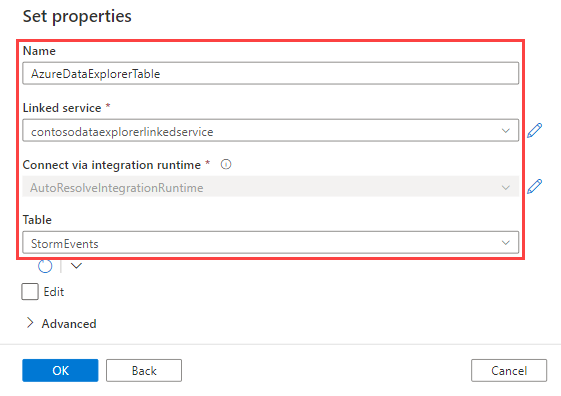 Screenshot of the pipeline copy activity set properties pane, showing the fields that need to be completed for the new sink.