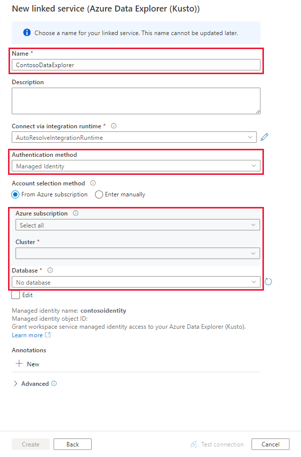 Screenshot of the new Linked services details pane, showing the fields that need to be completed for the new service.