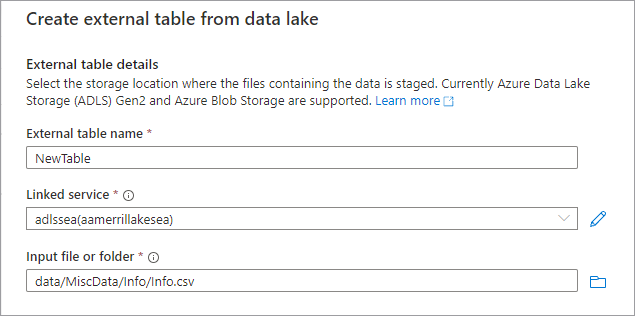 Snímek obrazovky s možnostmi v podokně Vytvořit externí tabulku z Data Lake