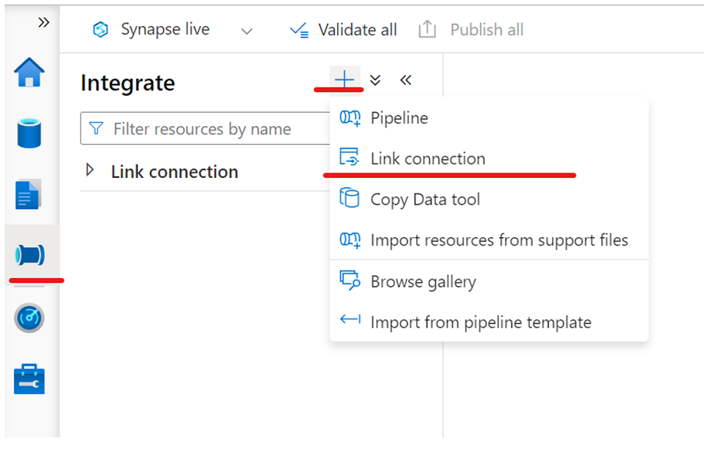 Snímek obrazovky, který ukazuje, jak vytvořit odkaz na fond Azure Synapse SQL