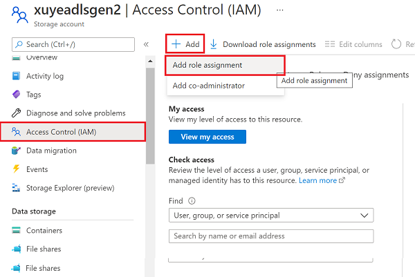 Snímek obrazovky s podoknem Řízení přístupu (IAM) účtu Data Lake Storage Gen2