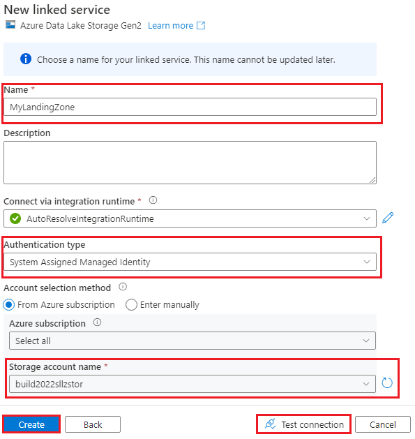 Snímek obrazovky znázorňující novou propojenou službu s Azure Data Lake Storage Gen2