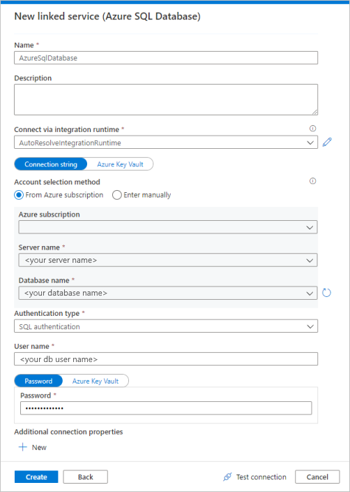 Konfigurace propojené služby Azure SQL Database