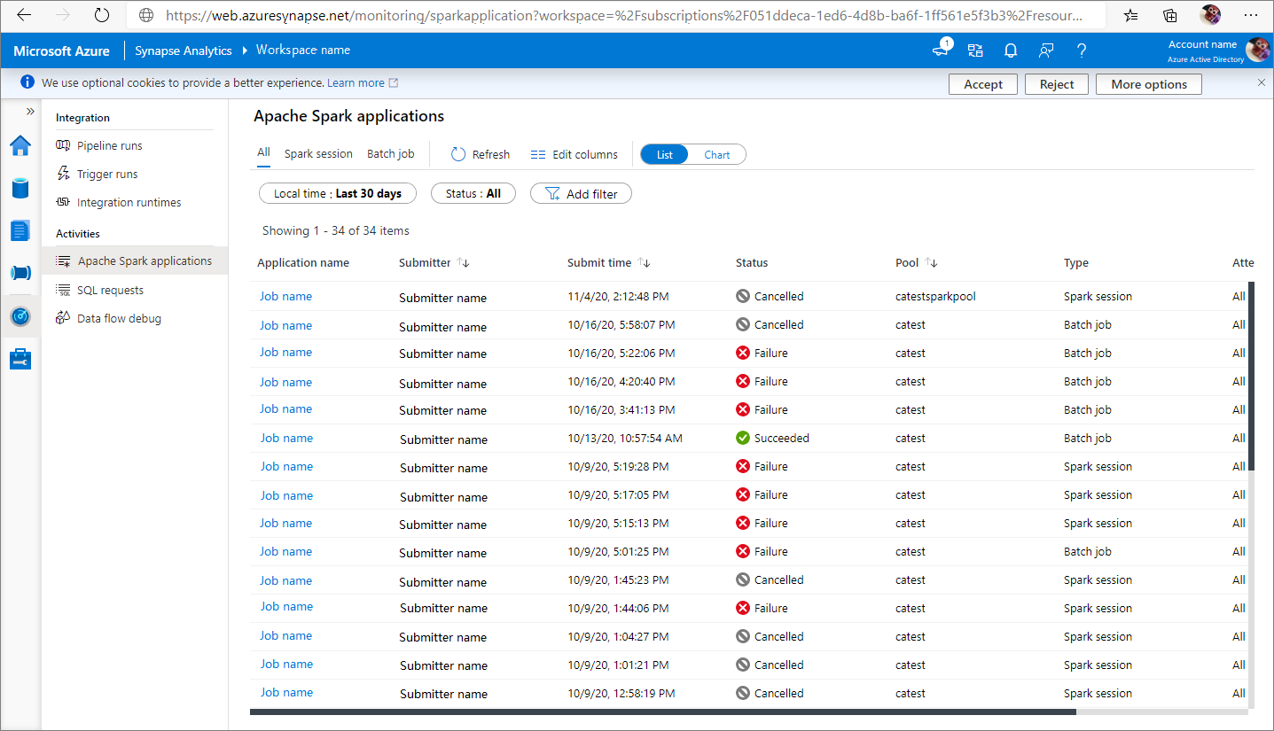 Snímek obrazovky s aplikacemi Apache Spark