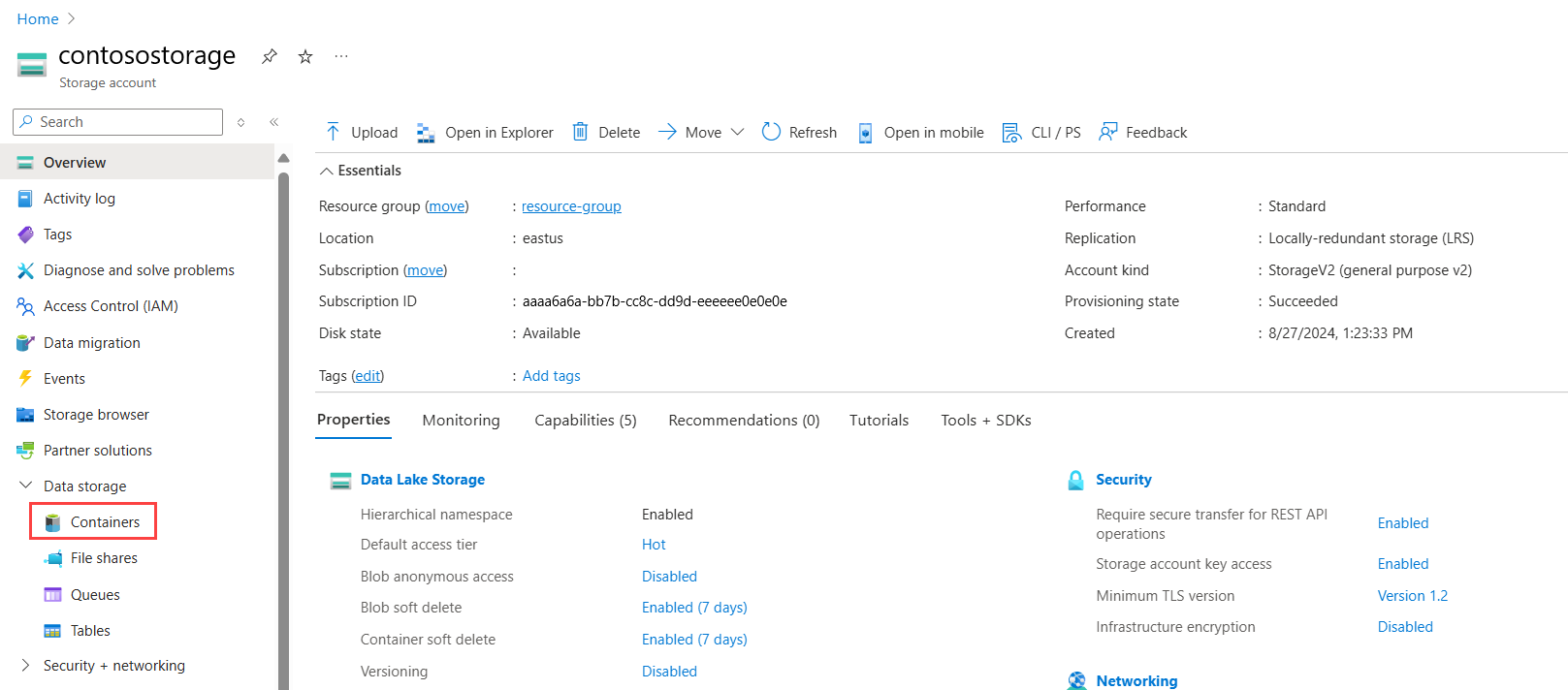 Snímek obrazovky webu Azure Portal s přehledem účtu úložiště ADLS Gen2