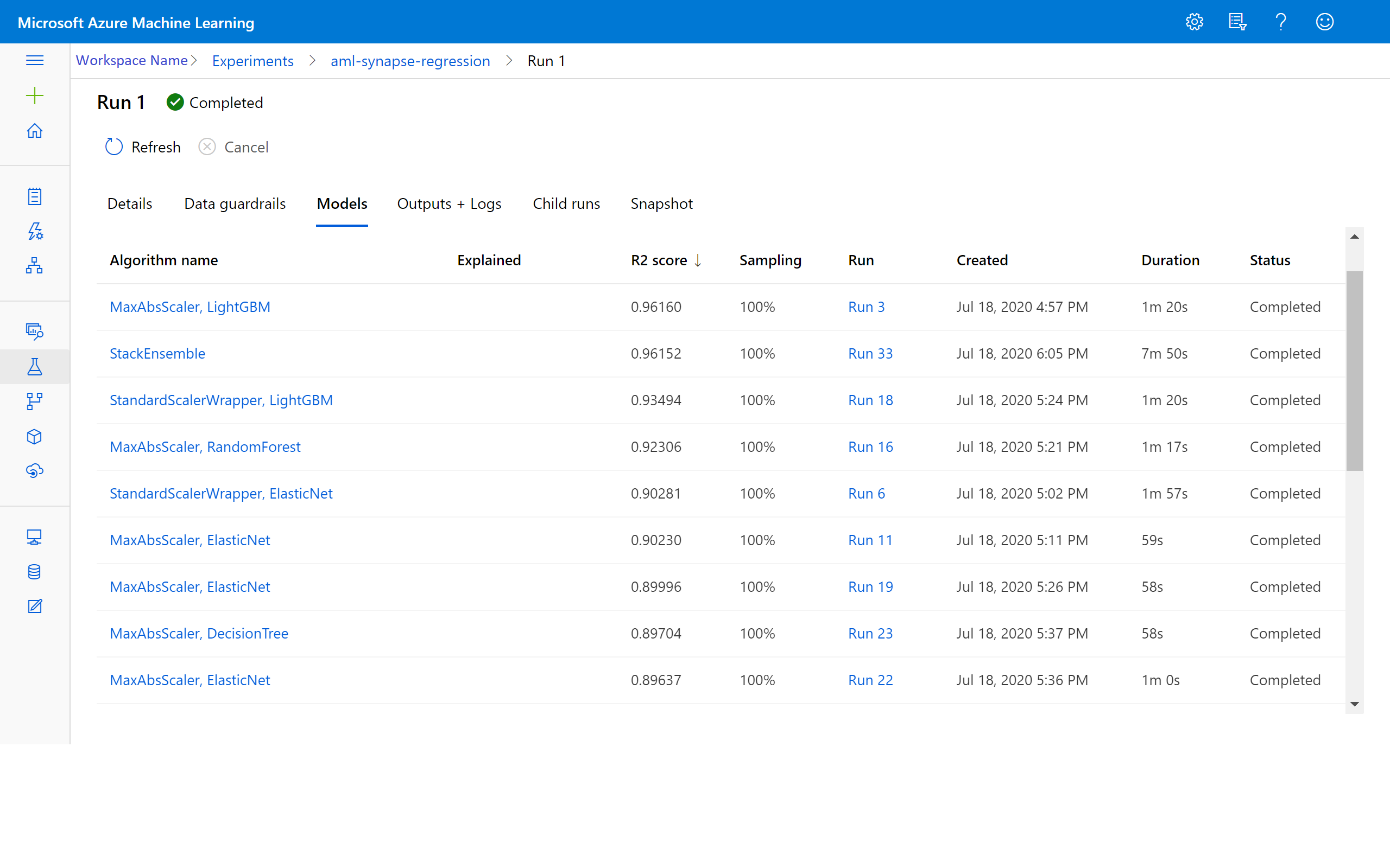 Snímek obrazovky pracovního prostoru Azure Machine Learning