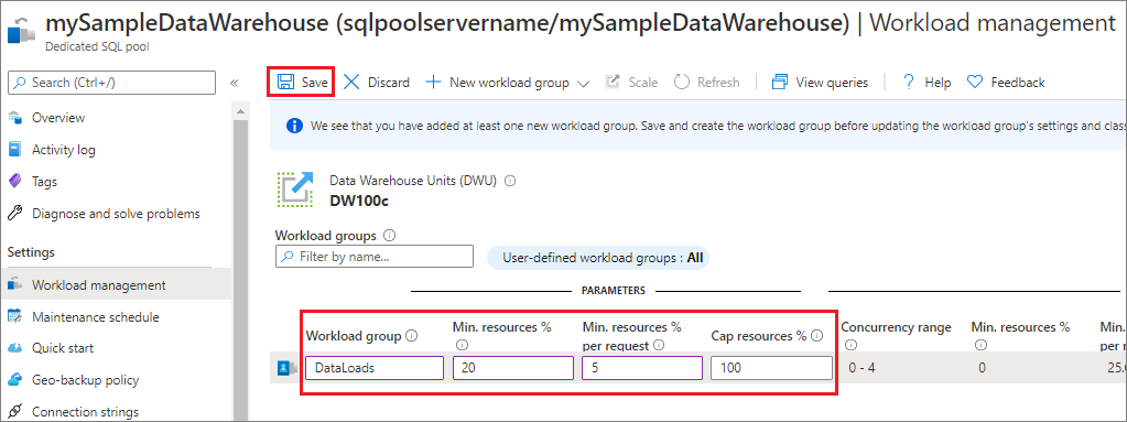 Snímek obrazovky webu Azure Portal, stránky správy úloh pro vyhrazený fond SQL Vyberte Uložit.