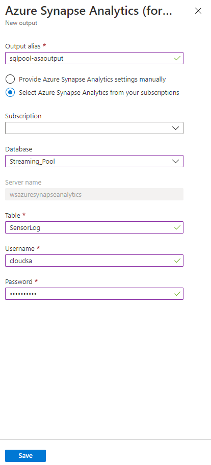 Dokončený formulář Azure Synapse Analytics