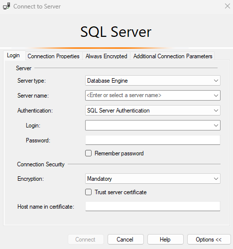 Snímek obrazovky s dialogovým oknem Připojit k serveru pro bezserverový fond SQL