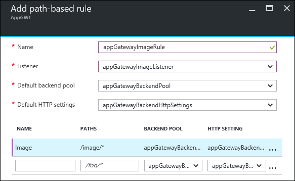 Okno Přidat pravidlo založené na cestě ve službě Application Gateway