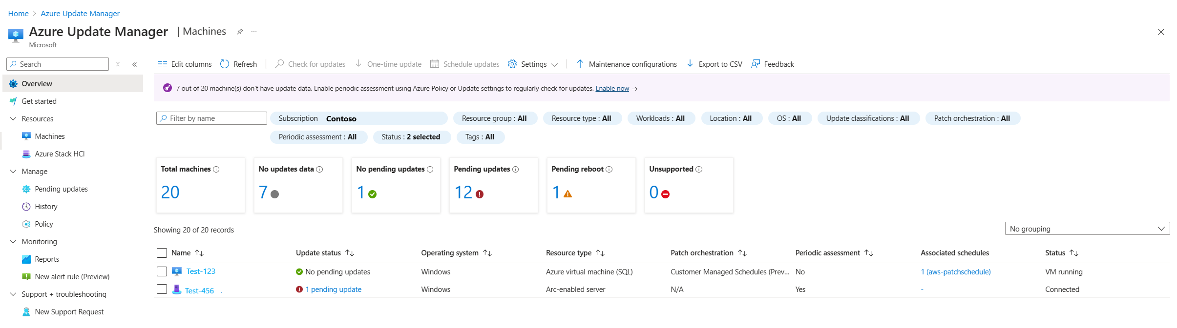 Snímek obrazovky se stránkou Počítače Update Manageru na webu Azure Portal