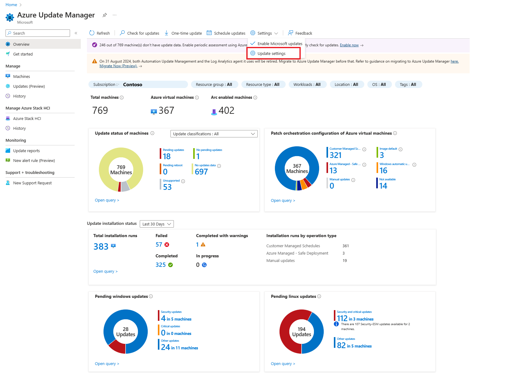 Snímek obrazovky znázorňující možnost nastavení aktualizace Update Manageru