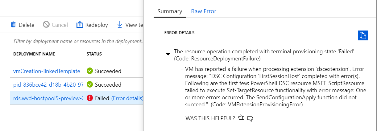 Snímek obrazovky s neúspěšným nasazením a dokončenou konfigurací PowerShell DSC FirstSessionHost s chybami