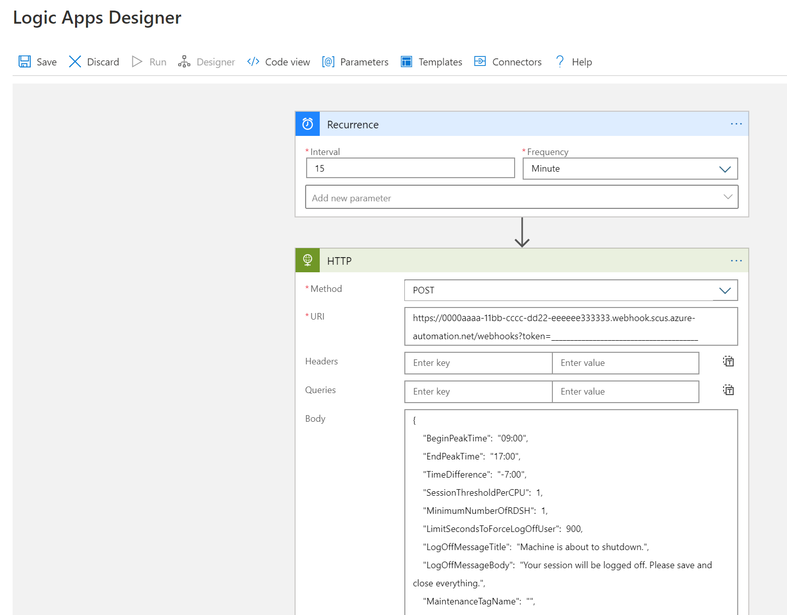 An image of the Azure Logic App Designer. The Recurrence and webhook menus that let the user edit recurrence times and the webhook file are open.