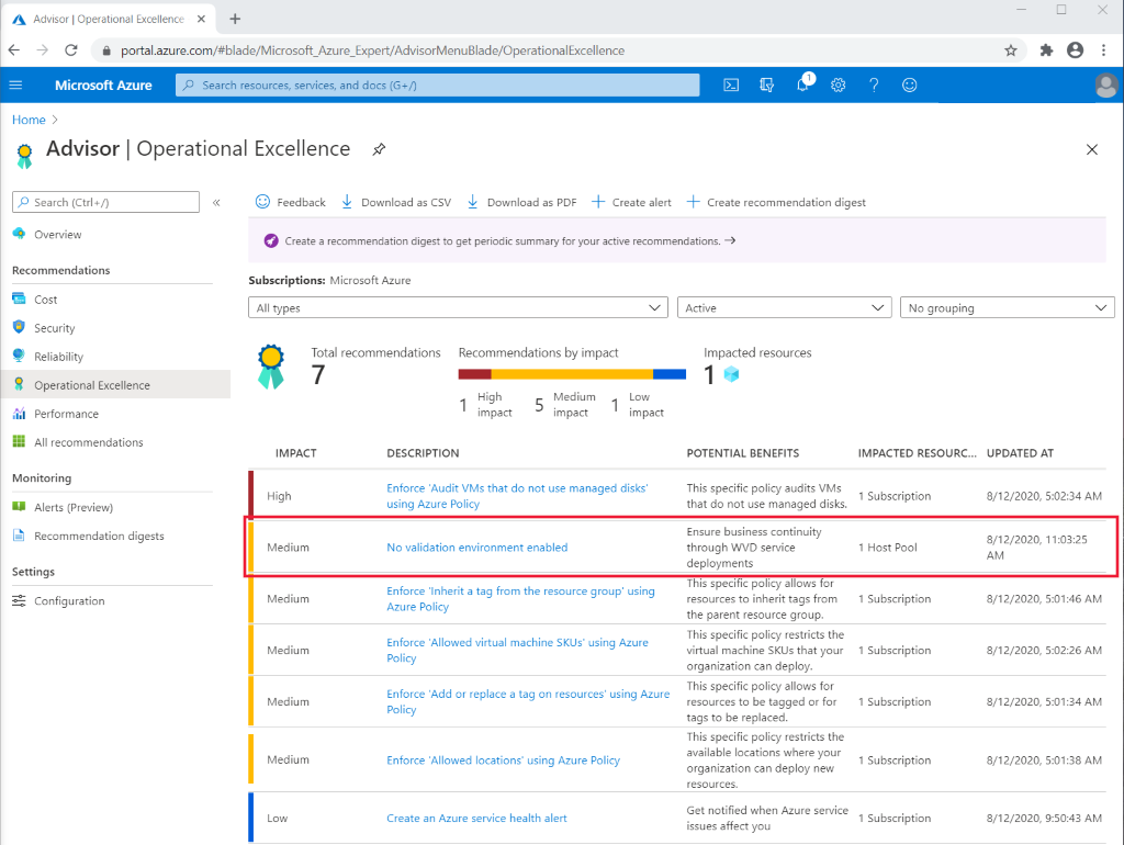 Snímek obrazovky se stránkou Efektivita provozu Azure Advisoru Doporučení bez povoleného ověřovacího prostředí je červeně zvýrazněné.