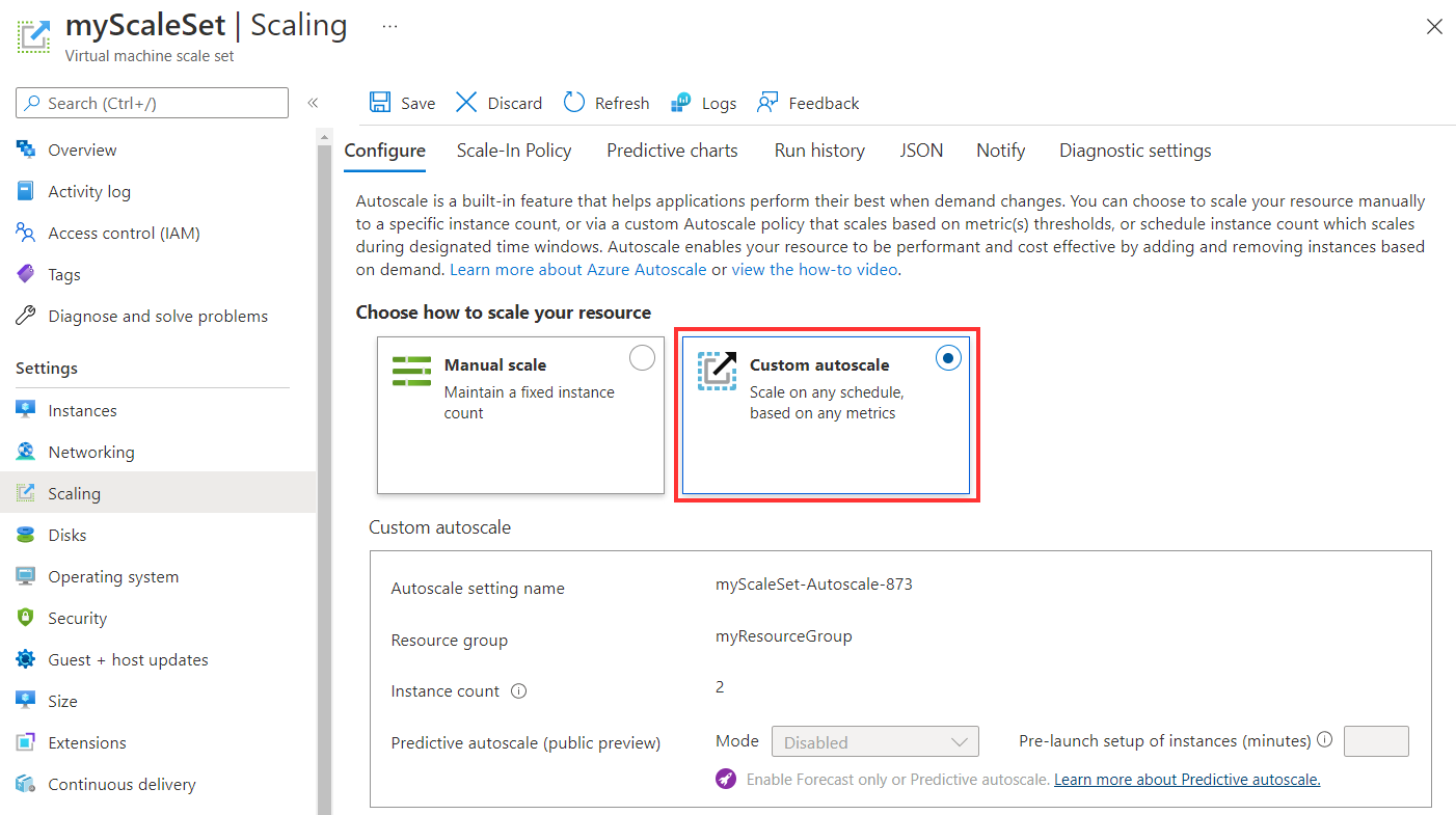 Povolení automatického škálování na webu Azure Portal