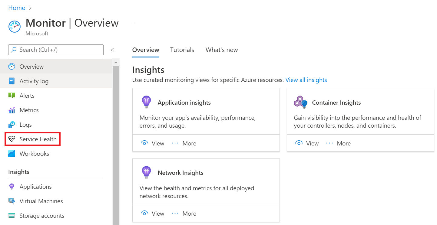 V nabídce Monitorování vyberte Service Health.