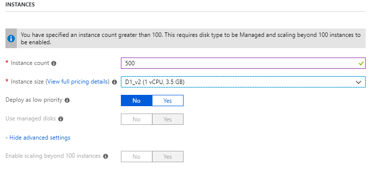 Tento obrázek znázorňuje okno instance webu Azure Portal. K dispozici jsou možnosti pro výběr počtu instancí a velikosti instance.