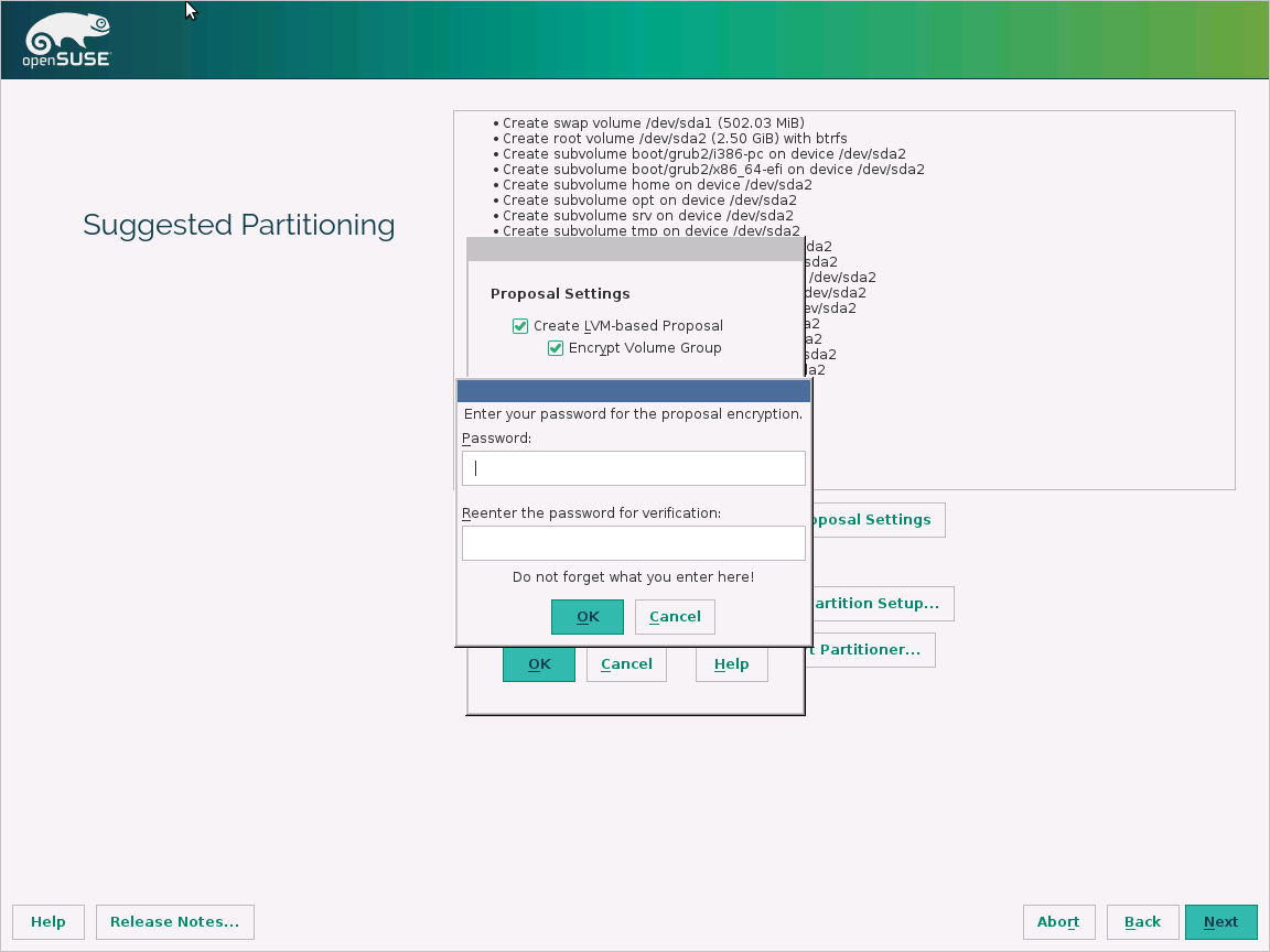 openSUSE 13.2 Setup – Encrypt Volume Group