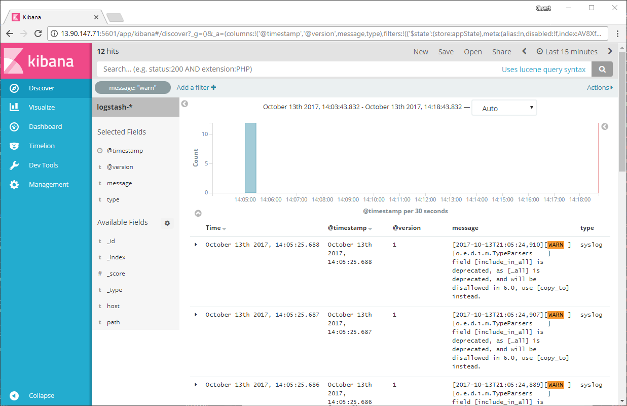 Proházení událostí Syslogu v Kibana