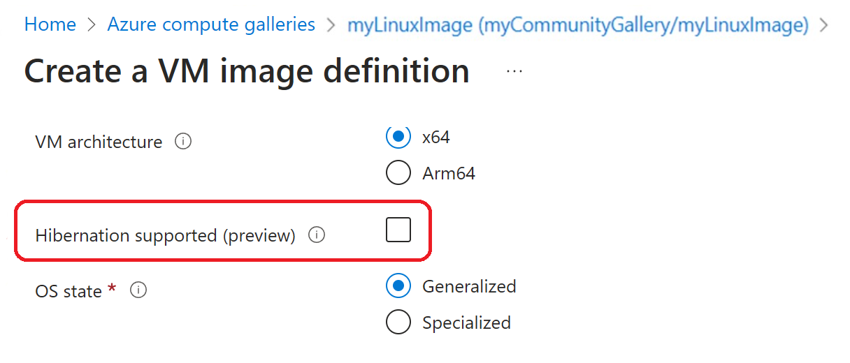 Snímek obrazovky s možností povolení hibernace na webu Azure Portal při vytváření definice image virtuálního počítače