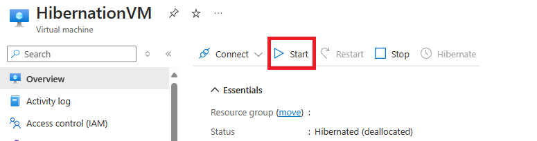 Snímek obrazovky s tlačítkem webu Azure Portal pro spuštění hibernace virtuálního počítače s podtrženým stavem uvedeným jako Hibernated (uvolněno)