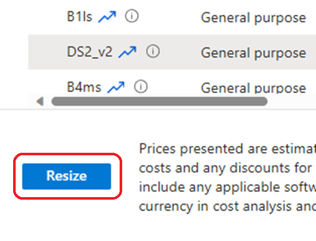 Snímek obrazovky s tlačítkem pro změnu velikosti na webu Azure Portal