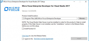 Dialogové okno Instalace micro Focus Enterprise Developer for Visual Studio 2017