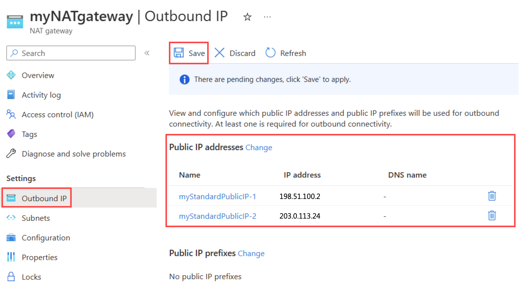 Snímek obrazovky se stránkou konfigurace odchozí IP adresy služby NAT Gateway zobrazující přidanou veřejnou IP adresu