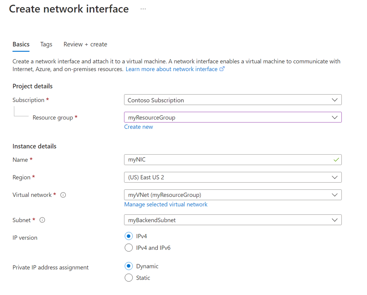 Snímek obrazovky Vytvořit síťové rozhraní na webu Azure Portal