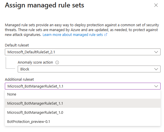 Snímek obrazovky webu Azure Portal se stránkou přiřazení spravovaných pravidel se zvýrazněným rozevíracím polem Další sada pravidel