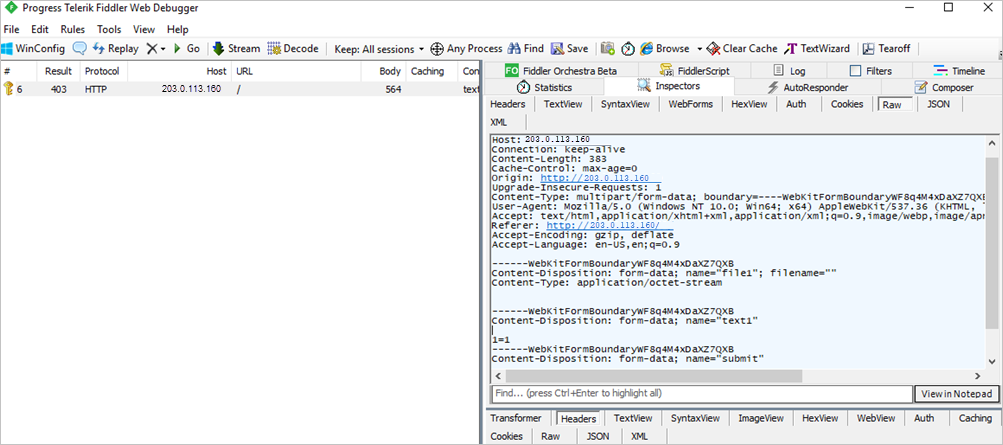 Snímek obrazovky s programem Progress Telerik Fiddler Web Debugger Na kartě Nezpracované jsou podrobnosti hlavičky požadavku, jako je připojení, typ obsahu a uživatelský agent.