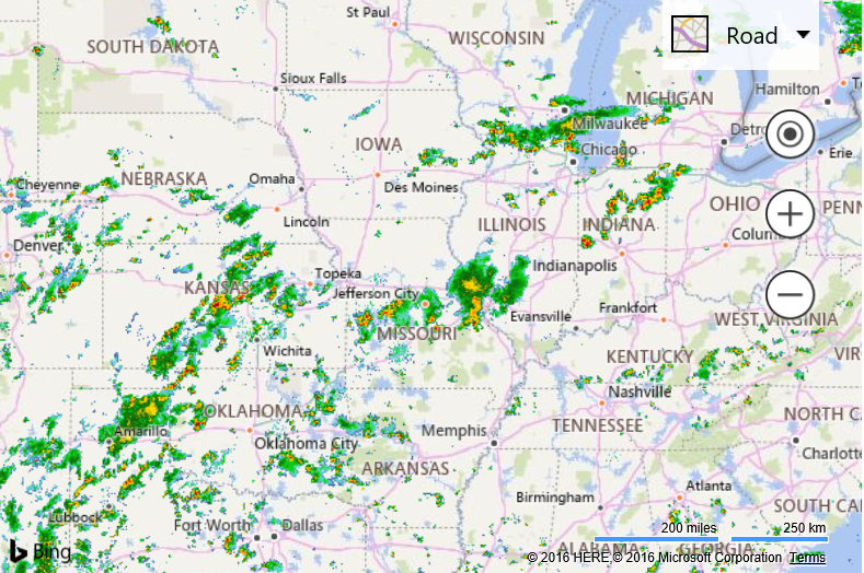 Screenshot of a Bing map showing the weather radar data on top of a map of the United States of America that is zoomed in over the Midwest.