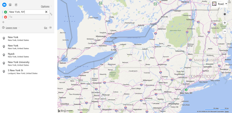 Screenshot of a Bing map showing the directions input panel with a list of locations below and the map of New York to the right.