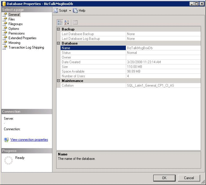 SQL Server Database Properties dialog box