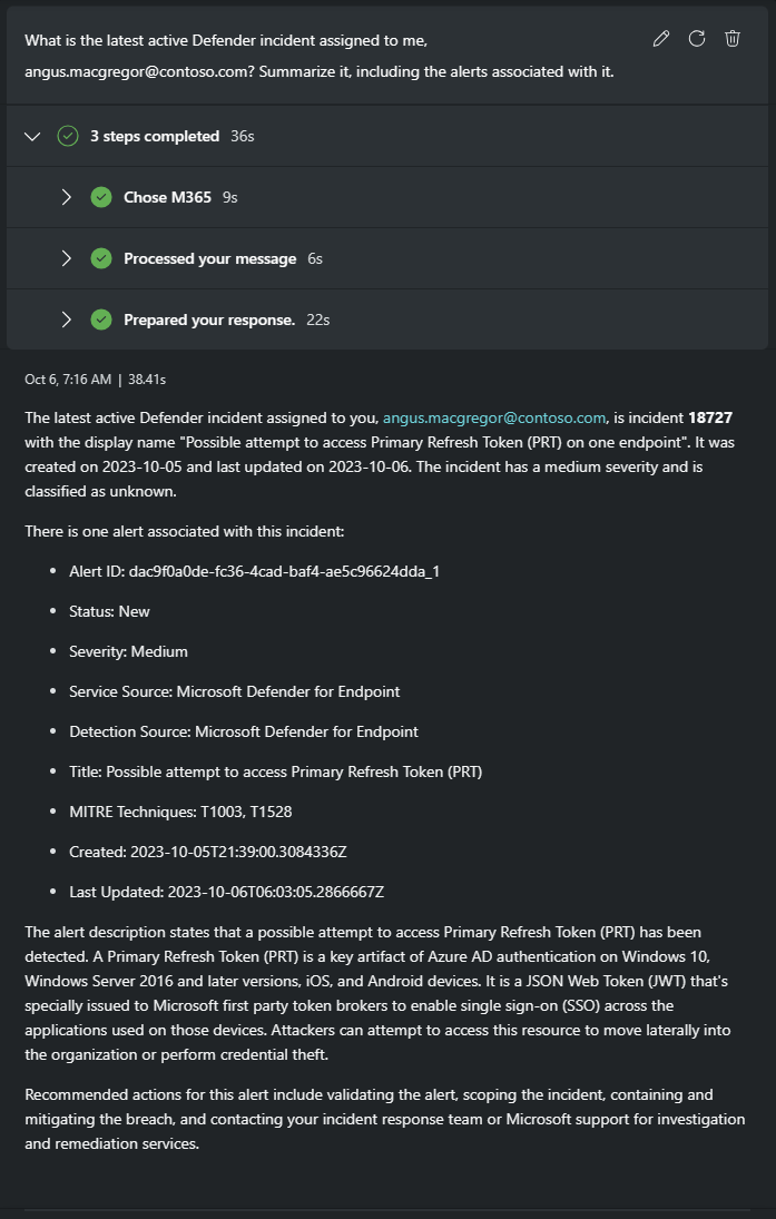 Screenshot of summary of Defender alert.