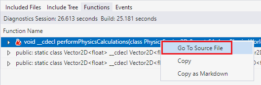 Snímek obrazovky se kliknutím pravým tlačítkem myši na soubor v zobrazení Functions Možnost nabídky Přejít na zdrojový soubor je zvýrazněná.