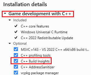 Snímek obrazovky Instalační program pro Visual Studio s vybranou úlohou Vývoj her s vybranou úlohou C++.