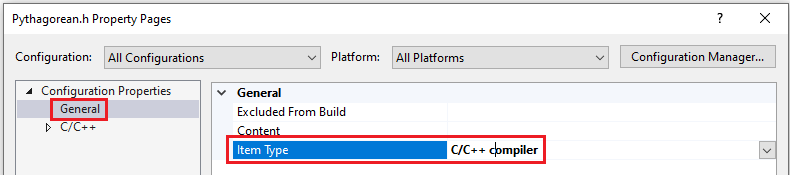 Snímek obrazovky znázorňující změnu typu položky na kompilátor C/C++