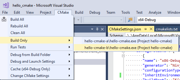 Snímek obrazovky hlavní nabídky sady Visual Studio, otevřené na CMake > pouze pro sestavení.