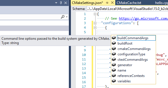 Snímek obrazovky s automaticky otevíraného okna CMake JSON IntelliSense v editoru