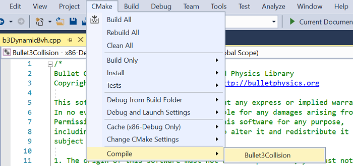 Snímek obrazovky místní nabídky CMake > Compile Obsahuje jednu položku: Bullet3Collision.