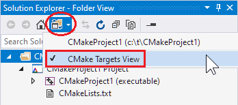 Snímek obrazovky tlačítka rozevíracího seznamu v Průzkumníku řešení sady Visual Studio, které nabízí možnost zobrazení cílů v CMake a která je vybraná.